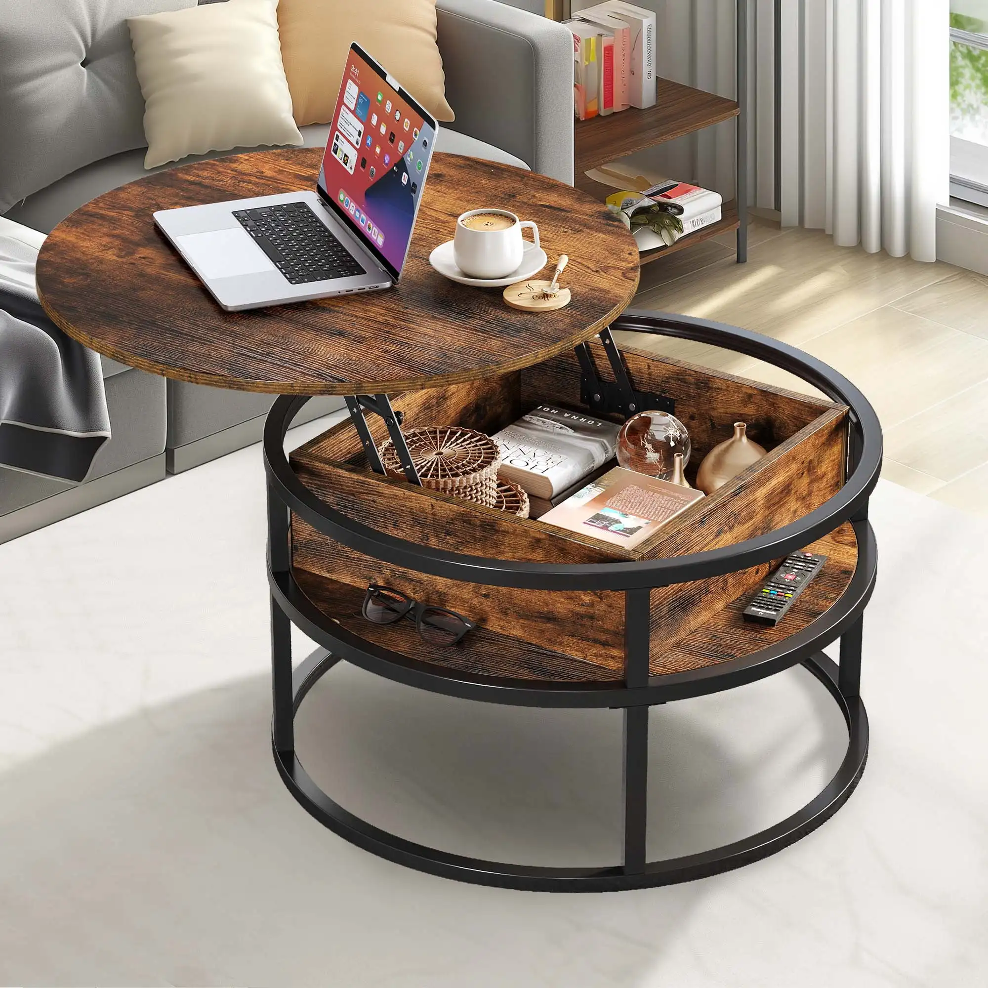 

Dextrus Round Lift Top Coffee Table, Center Tables with Hidden Storage Compartment for Living Room/Home Office, Brown