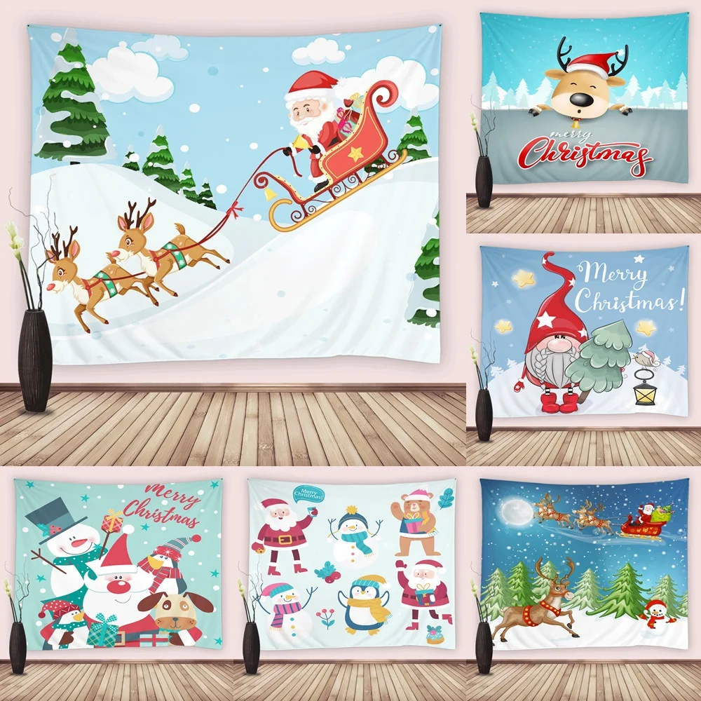 

Christmas Reindeer Santa Claus Tapestry Xmas Tree Snowman Gnomes Wall Hanging Tapestries for Living Room Dorm Bedroom Home Decor