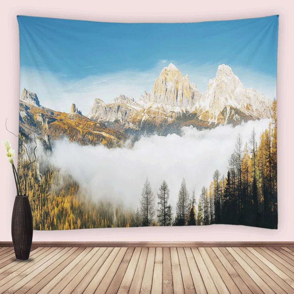 

Misty Forest Natural Scenery Tapestry Wall Hanging Fabric Trees Foggy Mountains Landscape Tapestries Bedroom Living Room Decor