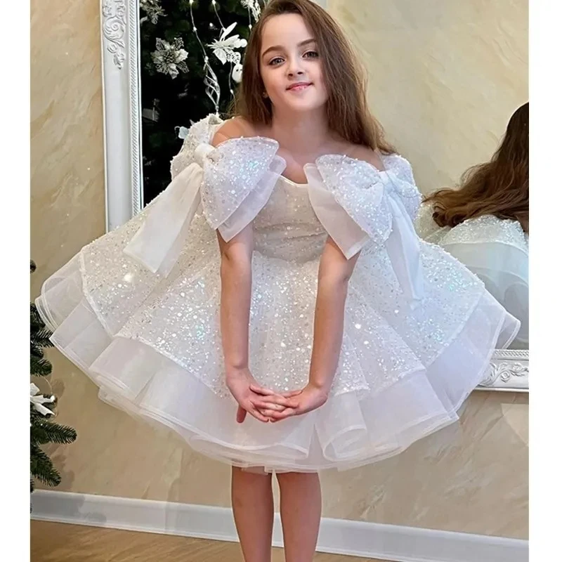 

Big bow Fluffy Wedding ball Party Dresses for Girls White sequin studded beads Tutu Child With Boutique Tulle Flower Girl Dress