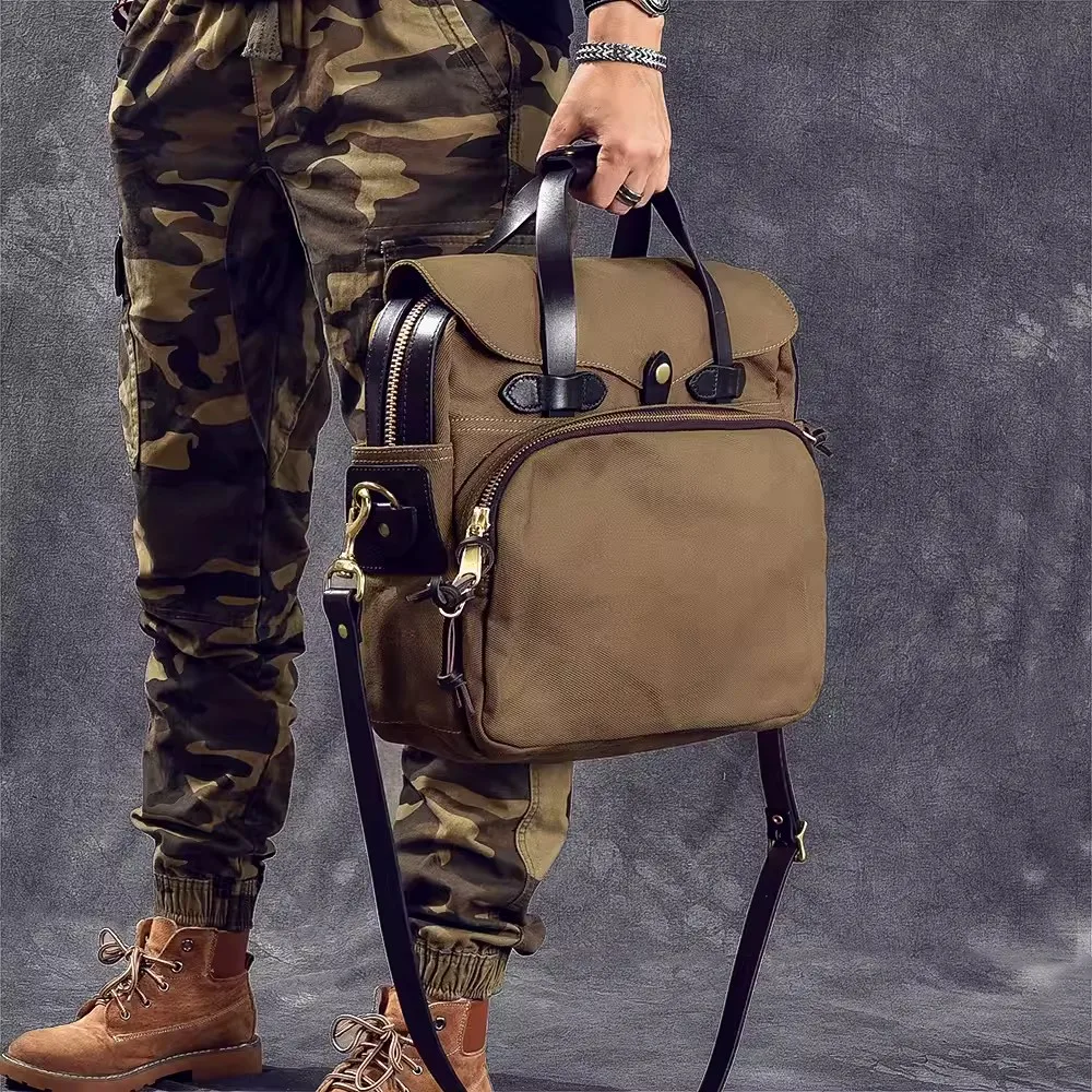 

Top thick oil wax canvas men's single shoulder slung tote bag Business vintage briefcase travel work handbag 15 inch messenger