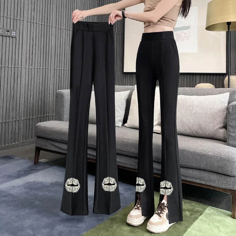 

Women's High Waist Micro-flared Trousers 2024 New Stretch Split Chinese Style National Style Buckle Slimming Pants