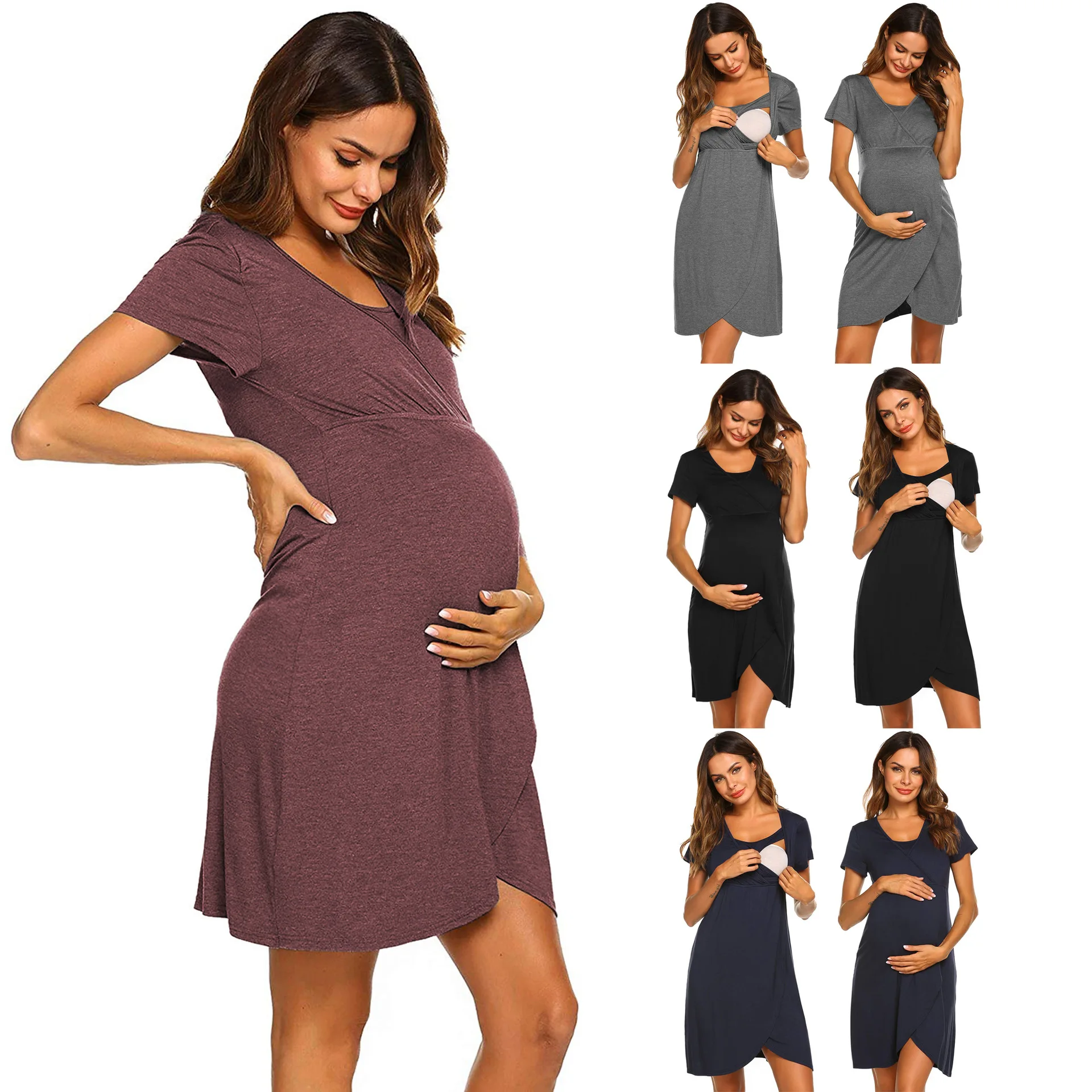 

New Maternity Dresses Summer Solid Color Short Sleeve Nursing Pleat Dress Breastfeeding Pregnancy Dresses For Pregnant Women
