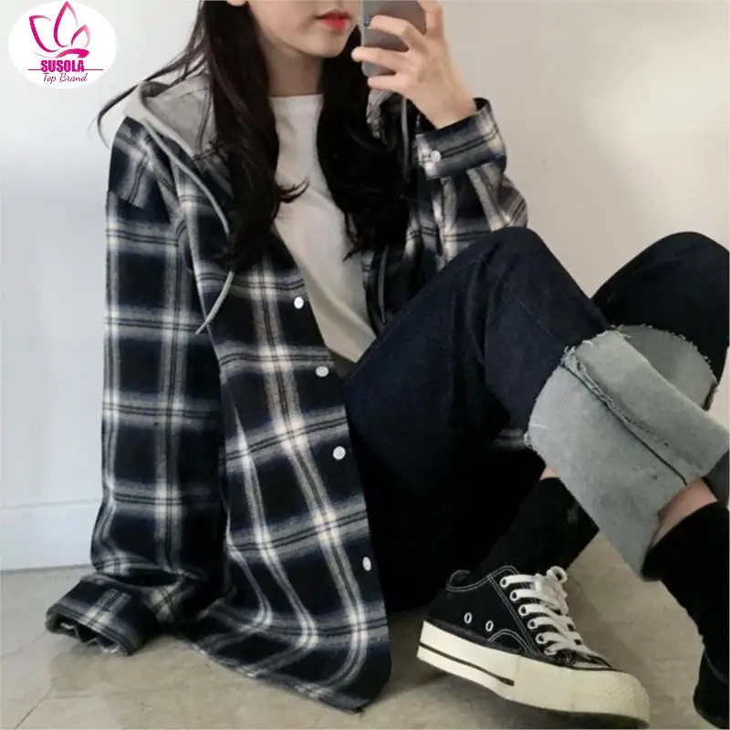 

Basic Jackets Women Long Sleeve Plaid Hooded Lace-up Patchwork Womens Outwear Preppy-style Students Ulzzang Casual BF Trend y2k