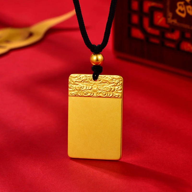 

Цепочка с подвеской-ярлыком для мужчин и женщин, ожерелье из чистого желтого золота 18 К, с квадратным кулоном, чёрная веревка, Подарочная бижутерия