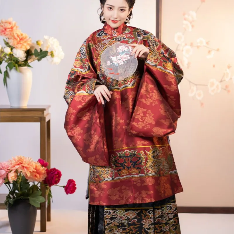 Hanfu Women's Ming-Made Stand-up Collar Crossbody Long Coat Woven Gold Makeup Flower New Year Greeting Couple Clothes 
Hanfu Women's Ming-Made Stand-up Collar Crossbody Long Coat Woven Gold Makeup Flower New Year Greeting Couple Clothes