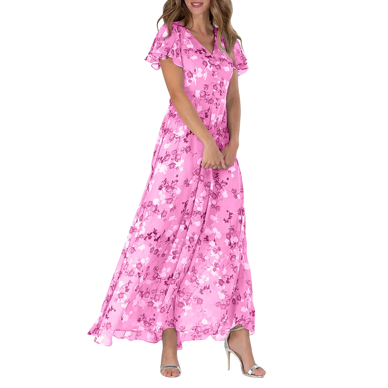 

Women'S Floral Dress Summer Daily Date All-Match Gentle Short Sleeve Flowy Swing Long Dress Chiffon Ruffle V Neck Waist Dress