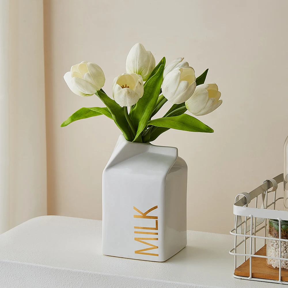 

Home Decor Unique Milk Carton Vase for Dried Flower Nordic Style Living Room Table Ornament Ceramic Flower Arrangement Crafts