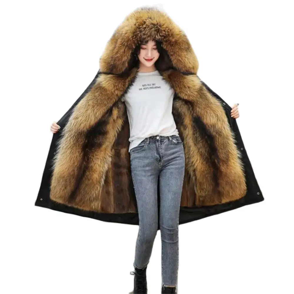

Thick Imitation Raccoon Fur Coat for Women Big Fake Fur Hooded Outerwear Keep Warm Russian Jacket Winter Top Parka