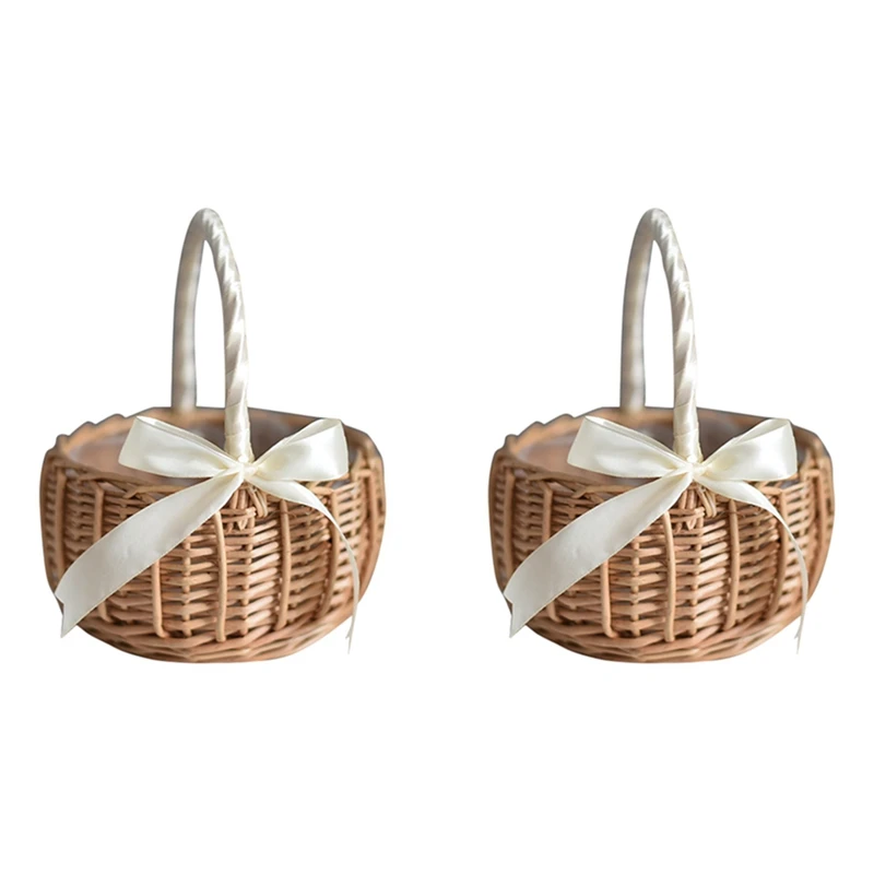 

2X Wicker Woven Flower Basket, With Handle And White Ribbon, Wedding Flower Girl Baskets, For Home Garden Decoration(S)