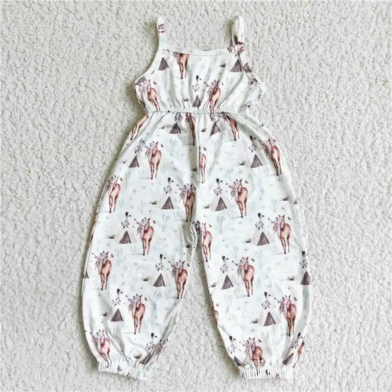 

2022 RTS Wholesale Clothes Girl New Design White Horse Cactus Print Strappy Girls Summer Jumpsuit Children Boutique Hot Selling