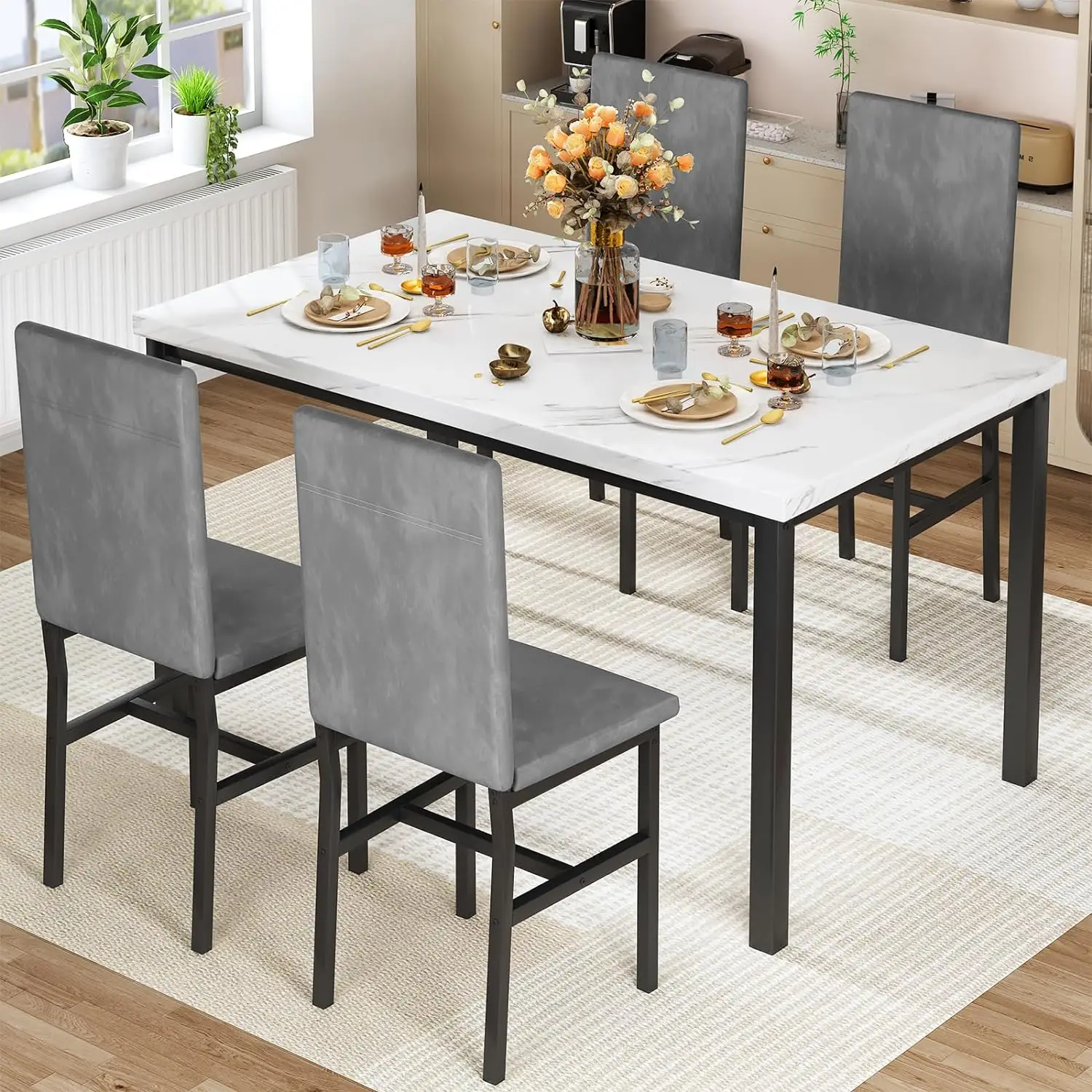 Dining Table Set for 4, Modern Kitchen Table and Chairs Set of 4, Space Saving 5 Piece Dining Room Table Set with Faux Marble
Dining Table Set for 4, Modern Kitchen Table and Chairs Set of 4, Space Saving 5 Piece Dining Room Table Set with Faux Marble