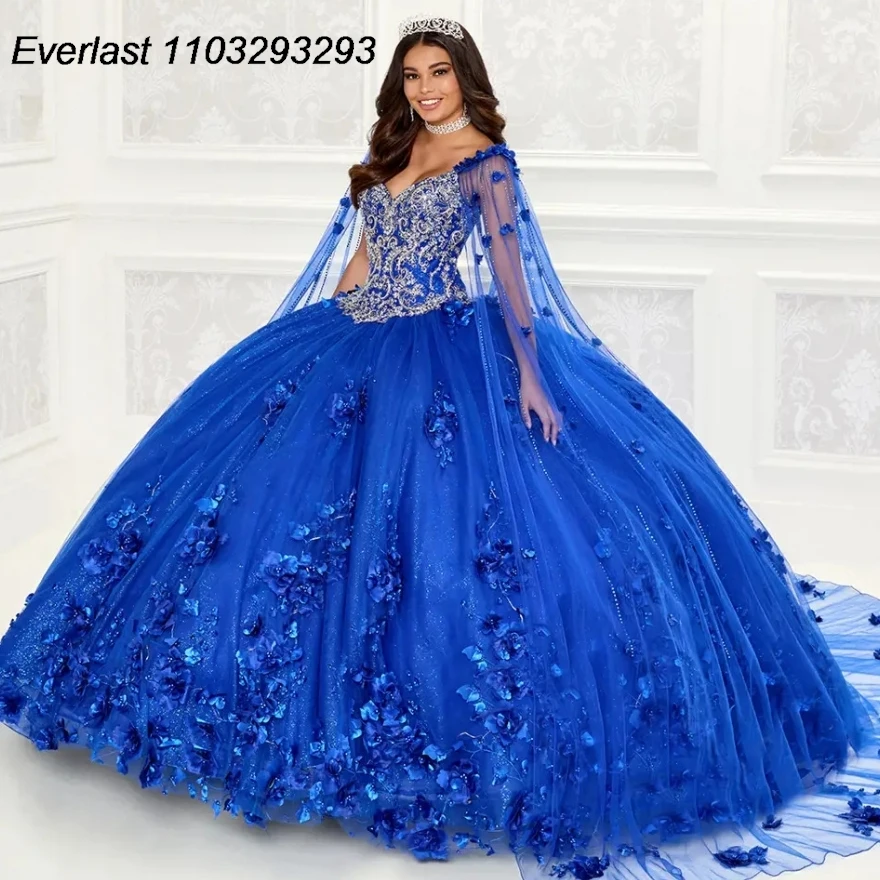 

EVLAST, ярко-голубое платье Quinceanera, бальное платье, 3D Цветочная Кружевная аппликация из бисера с накидкой, мексиканское милое 16 Vestido 15 лет TQD193