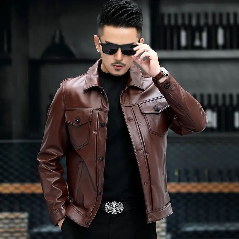 

Haining genuine leather jacket, men's top layer, cowhide lapel, motorcycle leather jacket, men's trendy and handsome leather jac