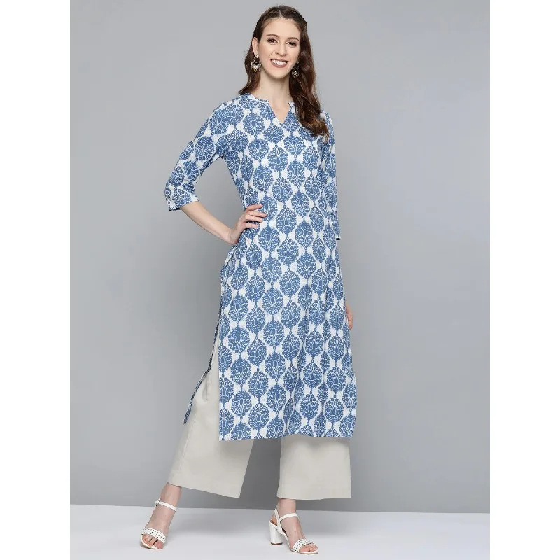

Women Blue White Printed Straight Kurta Kurti Top Tunic Ethnic Dress
