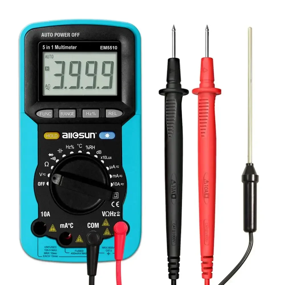 EM5510 Digital Multimeter 5 in 1 Sound Level Humidity Luminosity Autoranging Multimeter Temperature Tester
EM5510 Digital Multimeter 5 in 1 Sound Level Humidity Luminosity Autoranging Multimeter Temperature Tester