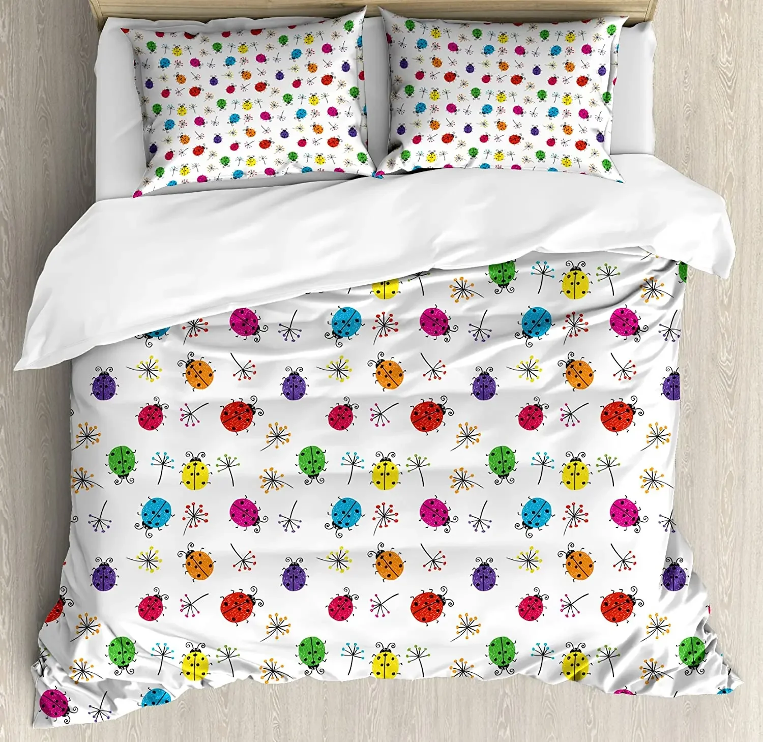 

Ladybugs Bedding Set Comforter Duvet Cover Pillow Shams Dotted Insects with Floral Illustration Val Bedding Cover Double Bed Set