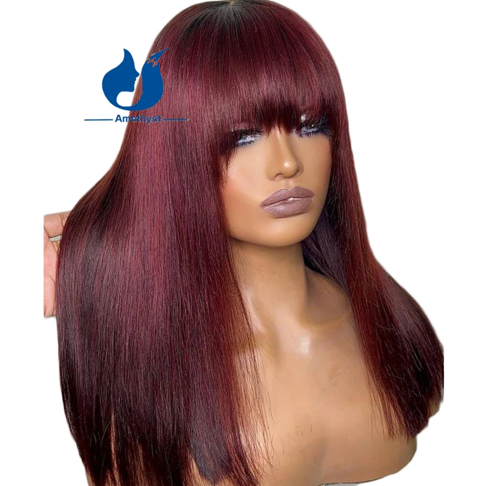 

Amethyst 99J Red Straight Human Hair Wig With Bangs For Black Women With Dark Root Scalp Top Full Machine Wig Burgundy Glueless