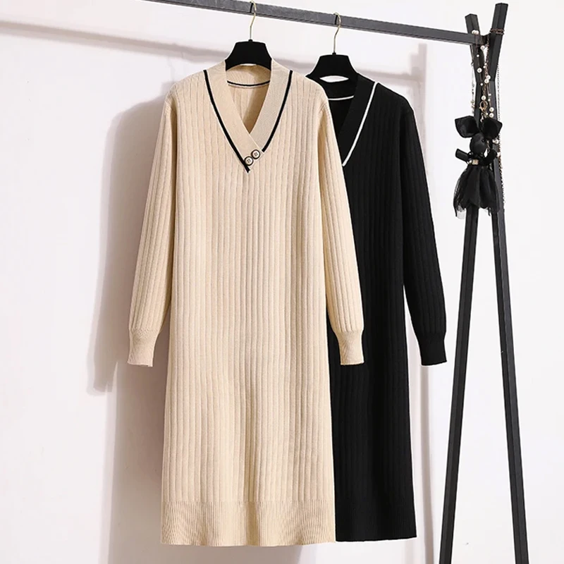 Elegant Knit Sweater Dress For Women 2023 Female Large Size Autumn Winter V Neck Straight Loose Black Apricot Casual Party Robe
Elegant Knit Sweater Dress For Women 2023 Female Large Size Autumn Winter V Neck Straight Loose Black Apricot Casual Party Robe
