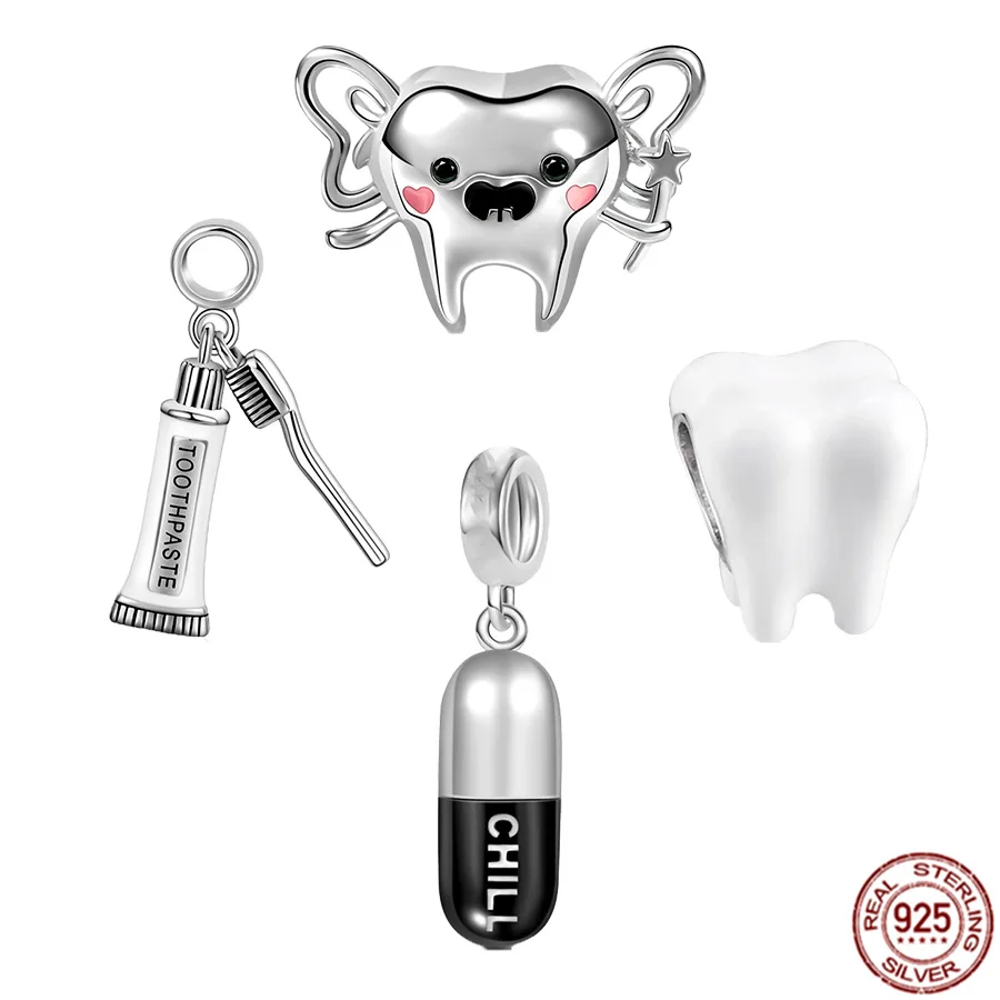 

Hot Sale 925 Sterling Silver Tooth Fairy，Toothbrush & Toothpaste Dangle Charm Bead Fit Original Pandora Bracelet Jewelry Gift