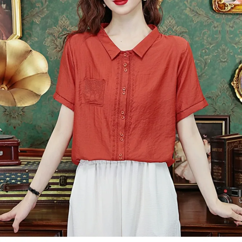 

2024 Women's Summer New Cotton and Hemp Embroidery Spliced Turndown Collar Button Fashion Solid Color Loose Versatile Shirt