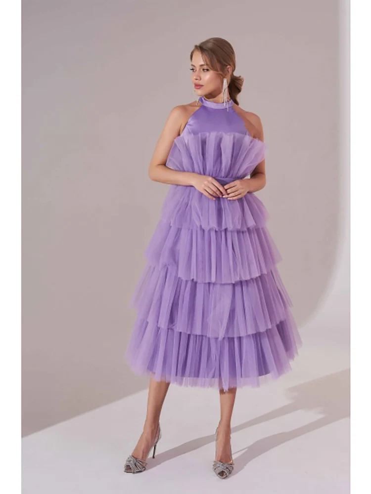 

Женское вечернее платье с лямкой на шее, фиолетовое платье из фатина длиной ниже колена, без рукавов, элегантное платье для торжественных случаев
