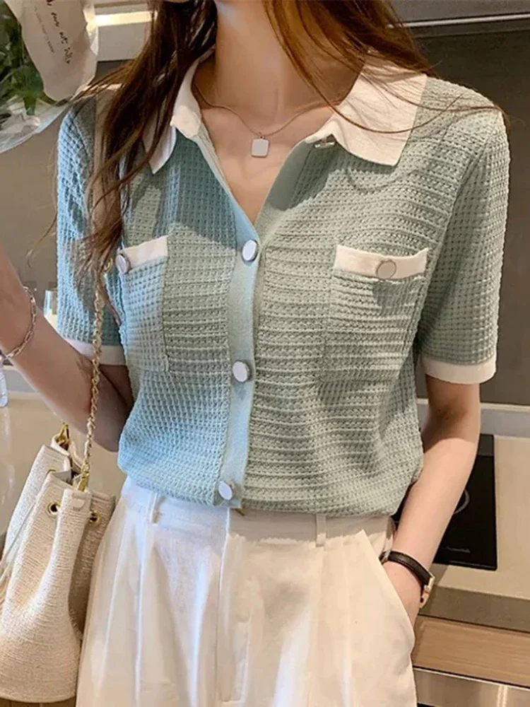 Fashion Clothes Short Sleeve Tees Women T Shirt Knitted Turn Down Collar Cardigan Female Tops Summer Camisetas Mujer V1142
Fashion Clothes Short Sleeve Tees Women T Shirt Knitted Turn Down Collar Cardigan Female Tops Summer Camisetas Mujer V1142