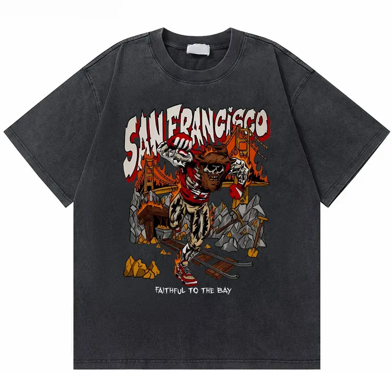 

San Francisco Faithful To The Bay Skeleton Washed Vintage Tshirt Men Women Hip Hop Trend T-shirt Basketball Boys Oversized Tees