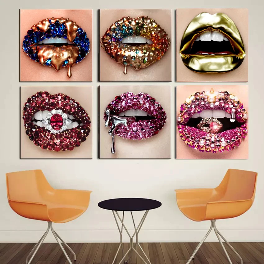

Nordic Diamond and Gold Sexy Lips Makeup Posters Pictures HD Canvas Wall Art Home Decor Paintings for Living Room Decorations