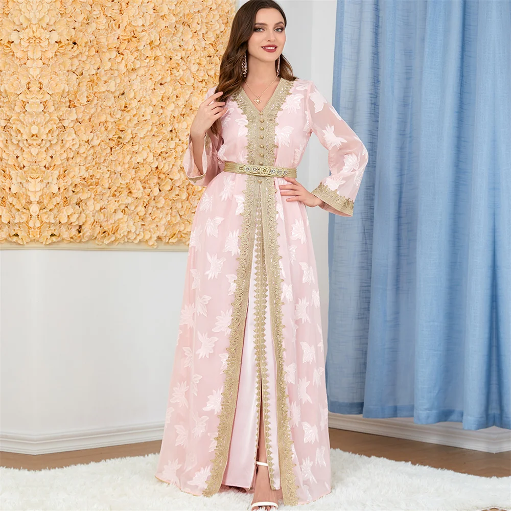 Moroccan Kaftan 2 Pieces Party Abaya Sets Women Belted Embroidery Lace Trim Muslim Evening Dresses Gulf Jalabiya Dubai Abayas
Moroccan Kaftan 2 Pieces Party Abaya Sets Women Belted Embroidery Lace Trim Muslim Evening Dresses Gulf Jalabiya Dubai Abayas