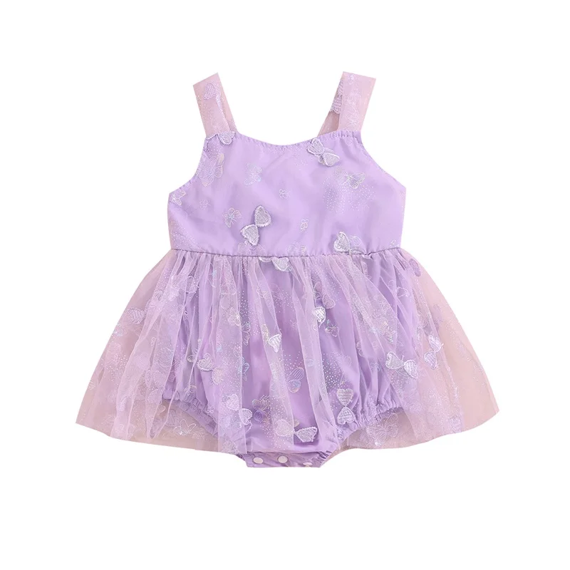 

New Born Infant Baby Girls Sleeveless Mesh Butterfly Dress Romper Purple Bodysuit Skirt Sling Princess Dress