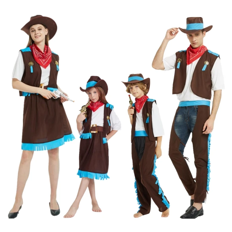 

Carnival Party Cowboy Costume for Men Women Kids Cowgirl Cosplay Western Dress Halloween Role Play Dress Up Wild West Party Suit