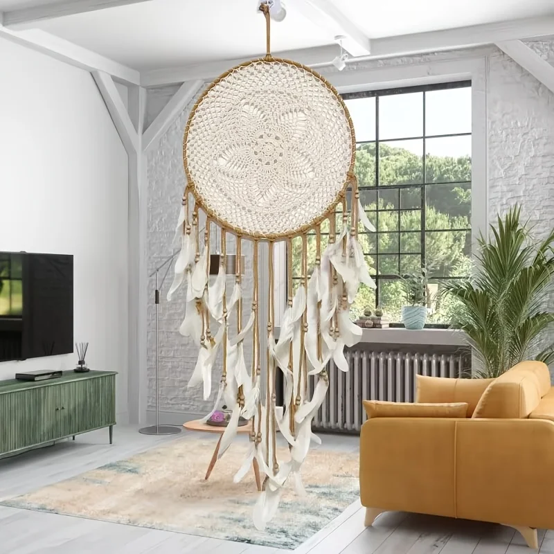 Golden Bead Dream Catcher - White Feather Boho Chic 2 S61c69b1a6bd54469866fceaece6b329cF