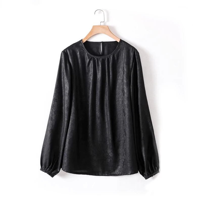 

2024 Women's Spring New 100%Natural Mulberry Silk Fragrant Cloud Yarn Long Sleeved Temperament Round Neck Lantern Sleeve T-shirt