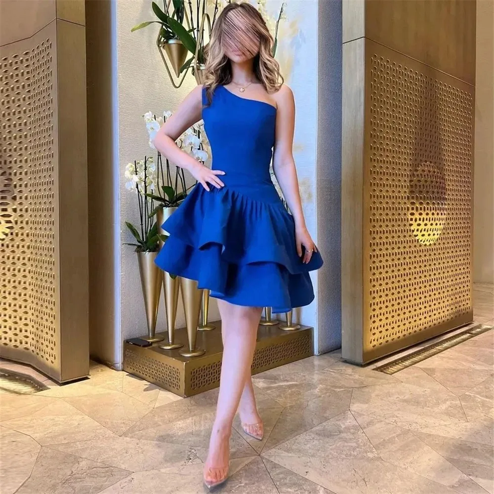 

Simple One Shoulder Royal Blue Satin A-Line Formal Prom Dresses Knee Length Women Evening Party Dresses فساتين السهرة