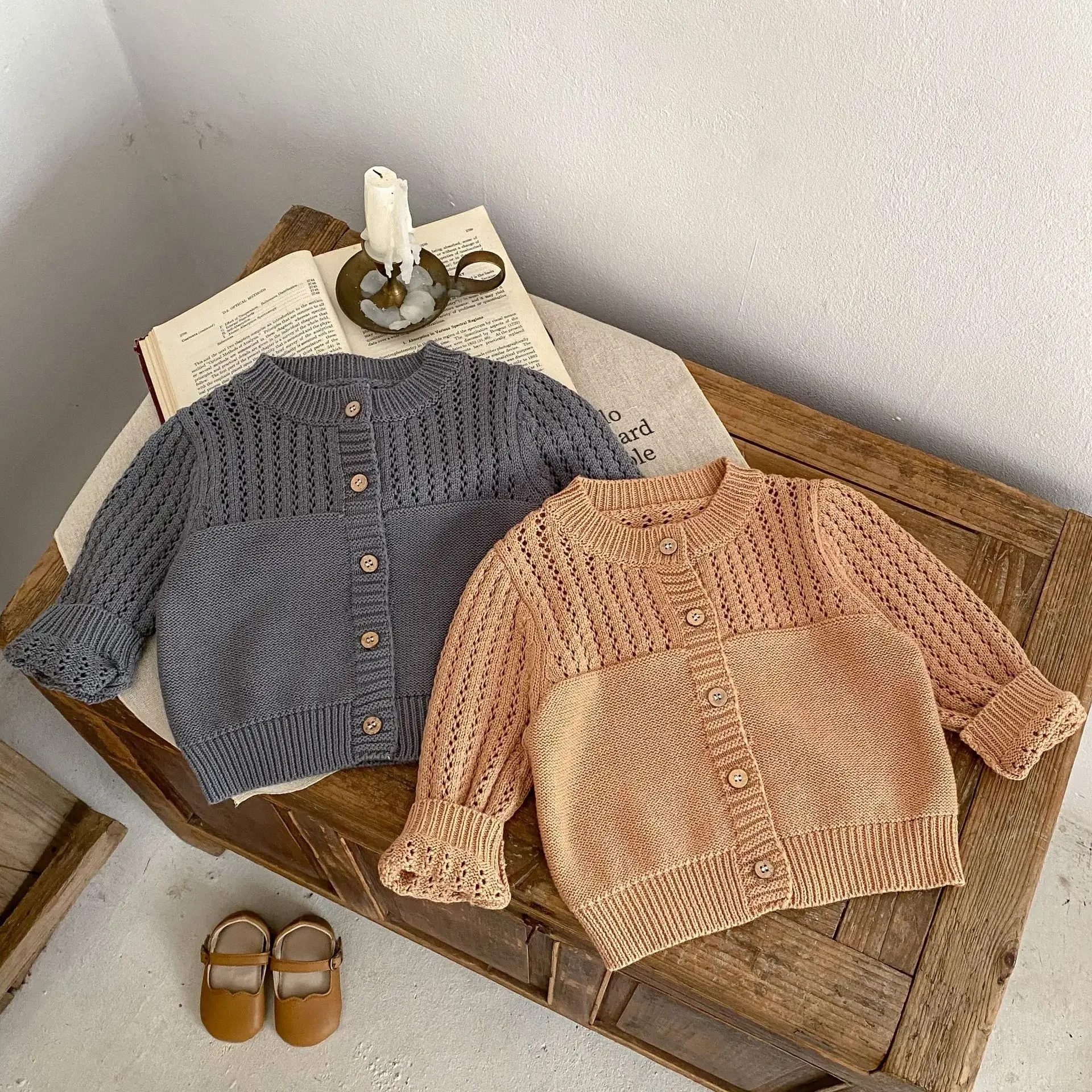 

Korean Style Autumn Baby Girls Knitted Shirts Khaki Blue Patchwork Coats Single Breasted Toddler Cardigans