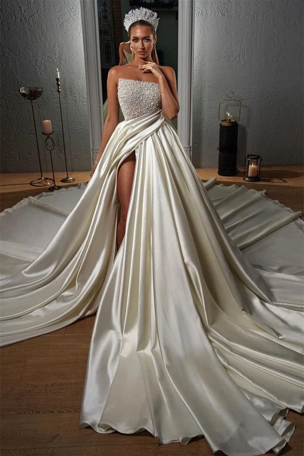 

Luxurious Stunning Beaded Satin A Line Wedding Dresses Side Slit Formal Bridal Grown Women Wear