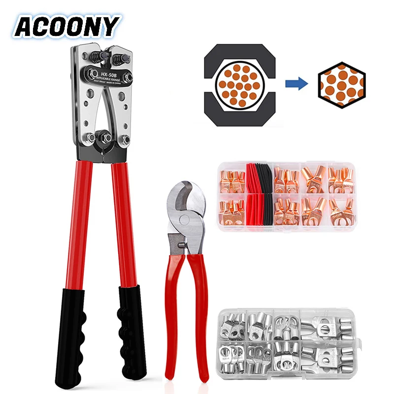 

HX-50B Battery Cable Lug Crimping Pliers Kit with Cable Cutter and Copper Lugs Assortment Heat Shrink Tubing Wire Crimper Tool