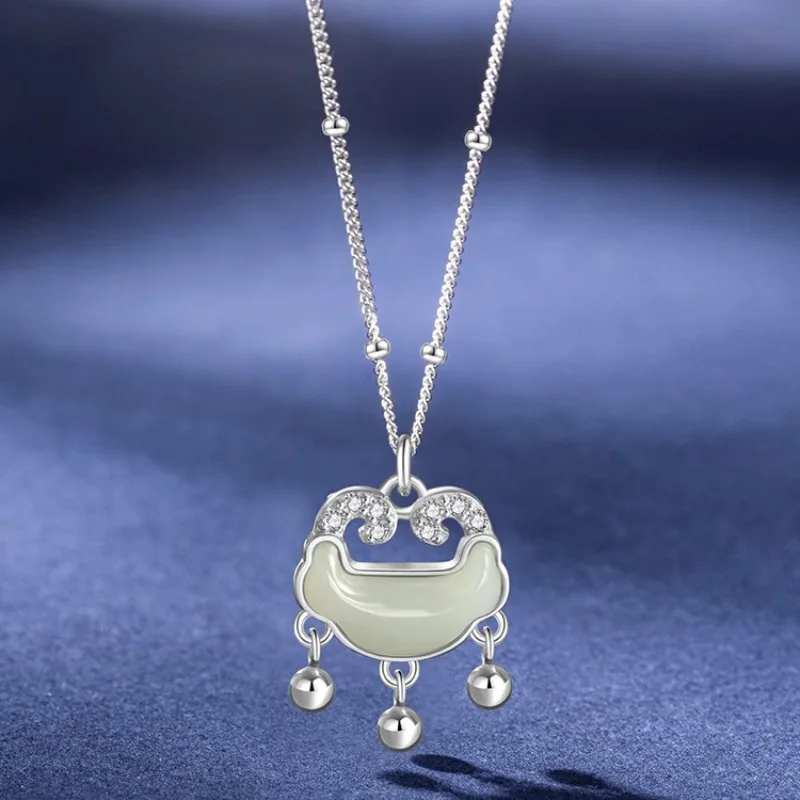

New Trendy Fashion Silver Color Safe Wish Lock Hetian Jade Elegant Pendant Necklace for Women Girl Jewelry Dropship Wholesale