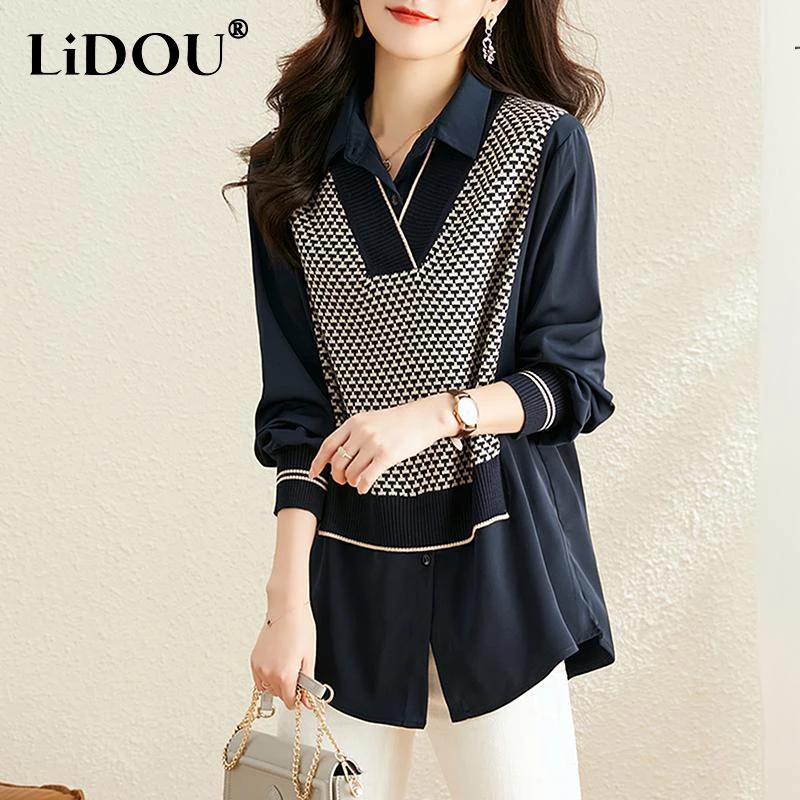 Spring Autumn Fake Two Pieces Knitting Patchwork Shirt Ladies Casual Fashion Long Sleeve Pullover Blouse Women's Vintage Tops
Spring Autumn Fake Two Pieces Knitting Patchwork Shirt Ladies Casual Fashion Long Sleeve Pullover Blouse Women's Vintage Tops