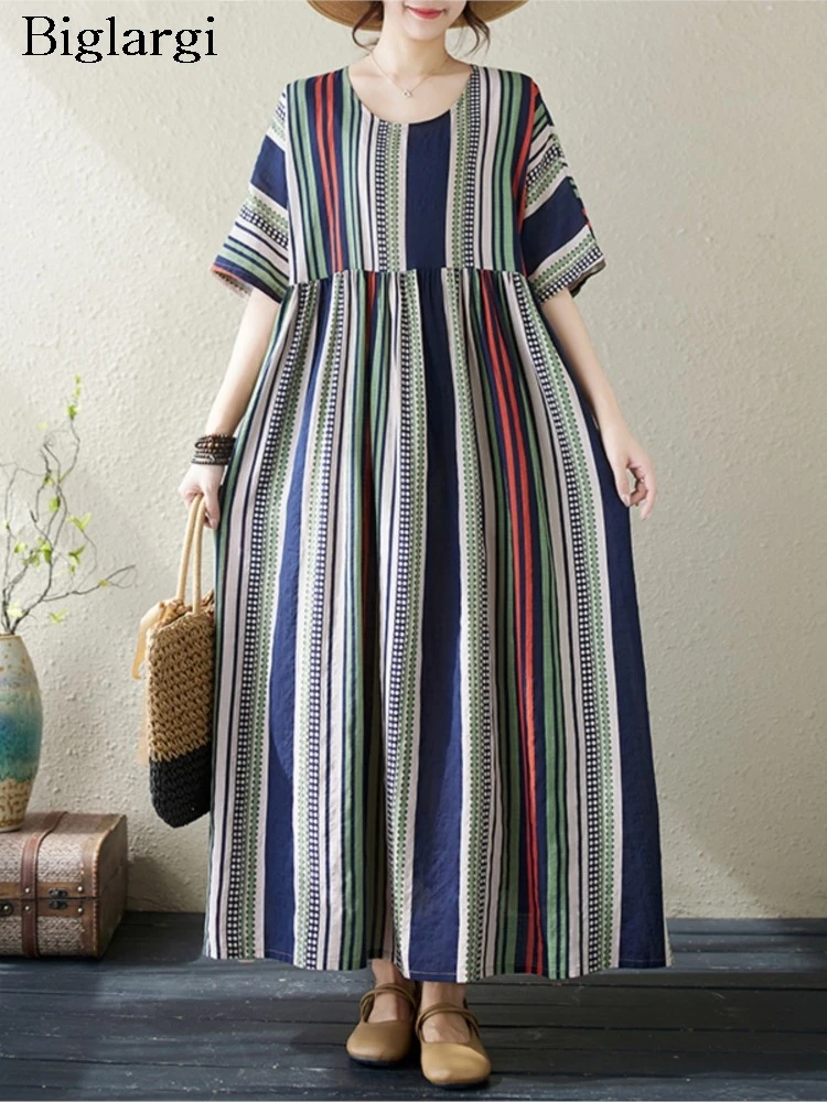 Oversized Summer Pullover Striped Print Long Dress Women Short Sleeve Fashion Ruffle Ladies Dresses Loose Pleated Woman Dress
Oversized Summer Pullover Striped Print Long Dress Women Short Sleeve Fashion Ruffle Ladies Dresses Loose Pleated Woman Dress