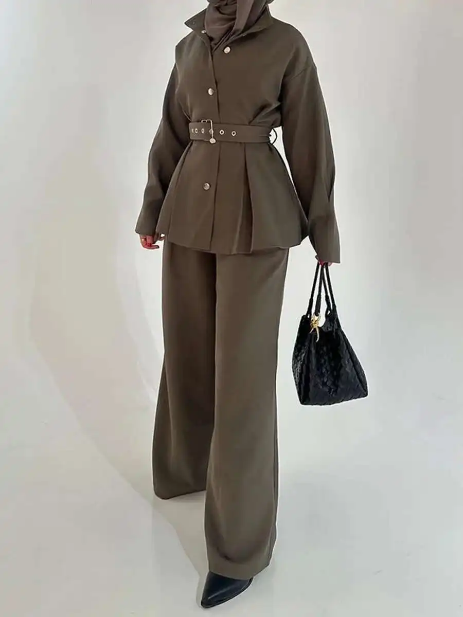 KWTX Solid Two Piece Women's Collar Long Sleeve Splicing Belt Coat High Waist Pants Warm Set Women's Clothing 2025 Spring New 9 S61d84bb0936a4fadb8e3833e522ca500e