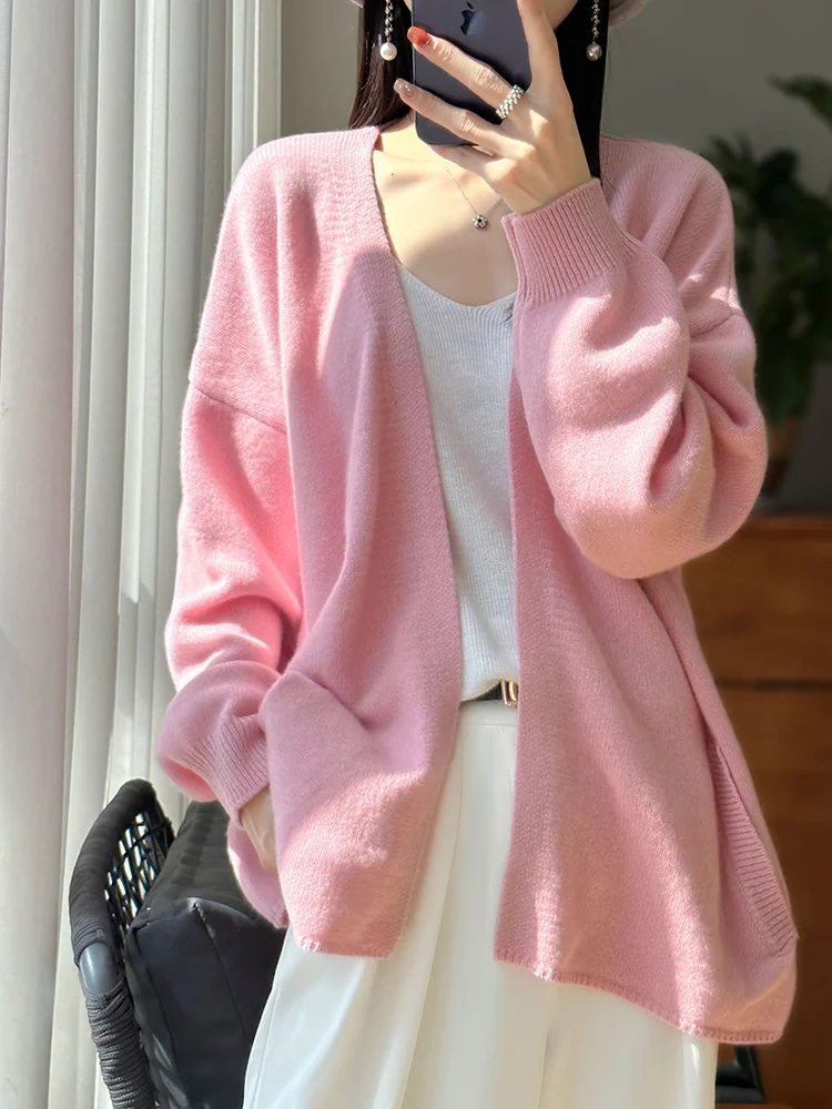 

ADDONEE Women's Cappa Cardigan For Spring Long Sleeve Pure Color Grace Soft Sweater 100% Merino Wool Knitwear Korean Popular Top