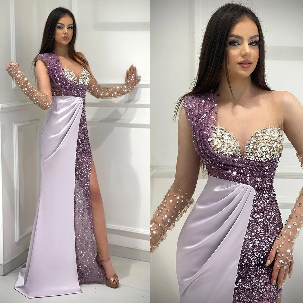 

Sparking Purple Evening Dress One Shoulder Rhinestones Prom Gowns Beading Sequined Side Split Party Dresses Custom Made