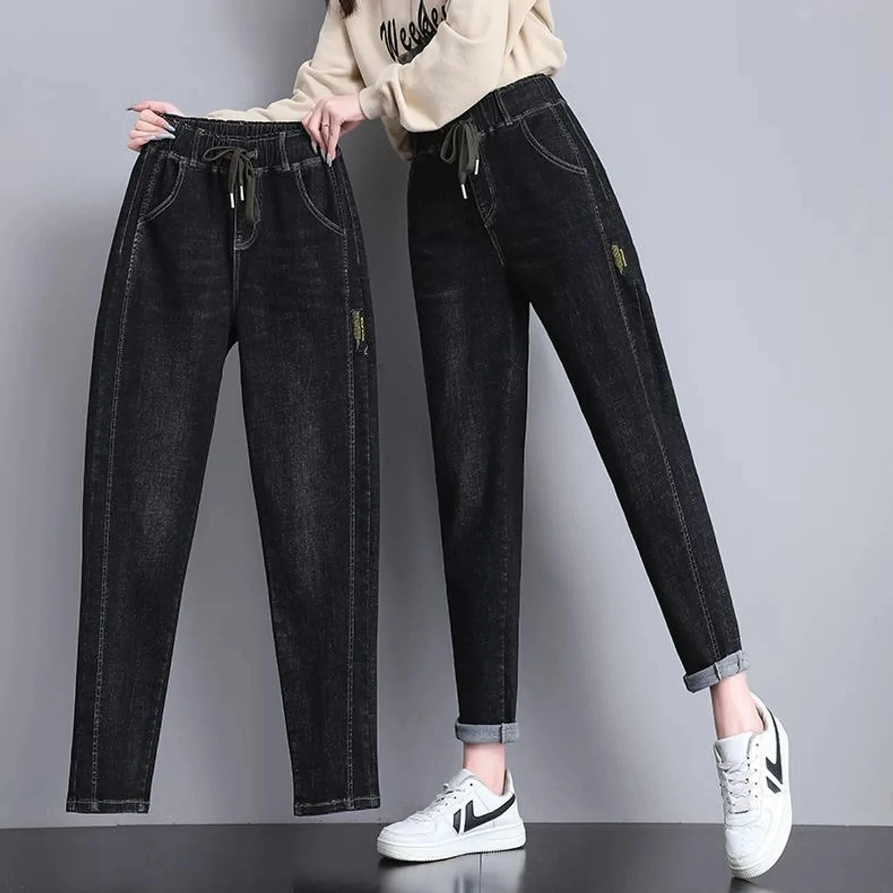 

Spring Summe Large Size Mom Jeans Woman Elastic High Waist Baggy Jeans for Womens Denim Ripped Jeans Female Loose Harem Pants