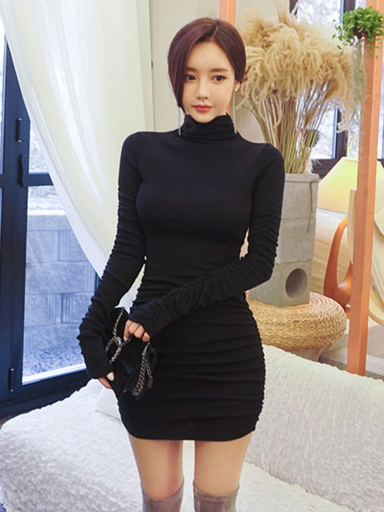 

Модное базовое платье в Корейском стиле, женское Простое Повседневное черное Плиссированное облегающее обтягивающее мини-платье, женское эластичное уличное платье