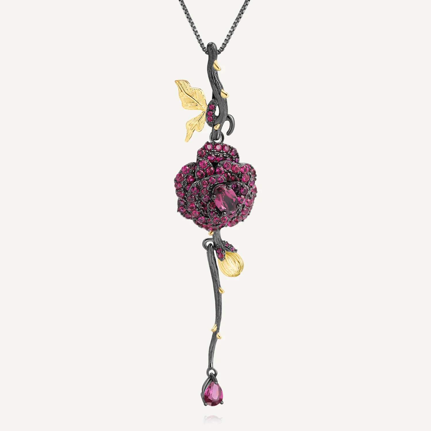 

GEM'S BALLET 925 Silver Black & 18k Gold Over Two Tone Handmade Rose Flower Natural Rhodolite Garnet Pendant Necklace For Women