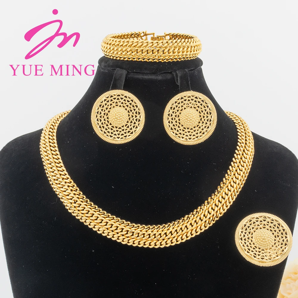 

YM Dubai Gold Color Jewelry Sets For Women Round Earring Necklace Geometry Cuff Bangles Rings Nigeria Bridal Wedding Party Gifts