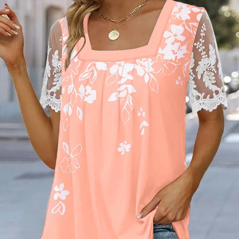 

Summer Women's Pullover Square Neck Shirring Printed Lace Gauze Hollow Short Sleeve Plant&Flowers T-shirt Fashion Casual Tops