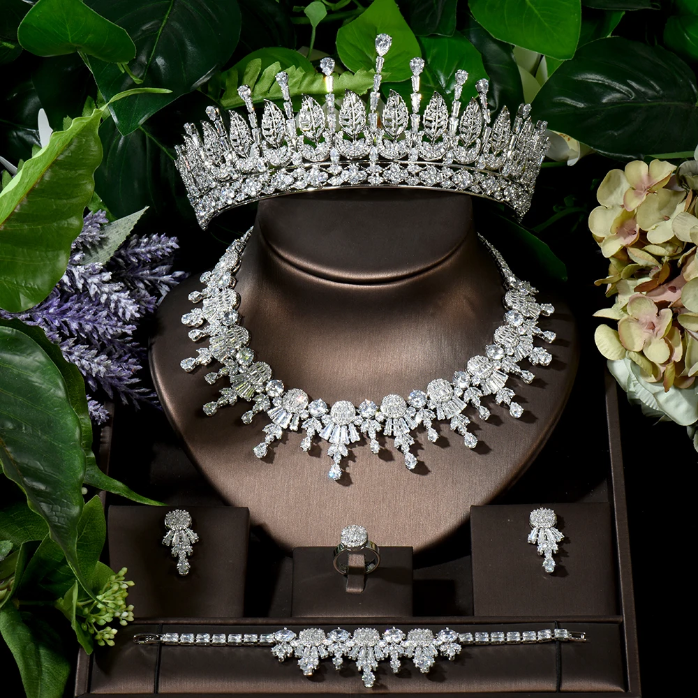 

Fashion Sparkling Full CZ Bridal Jewelry Sets 5PCS Tiara Earring Ring Bracelet Necklace Pendientes Sets Wedding Dinner N-1607